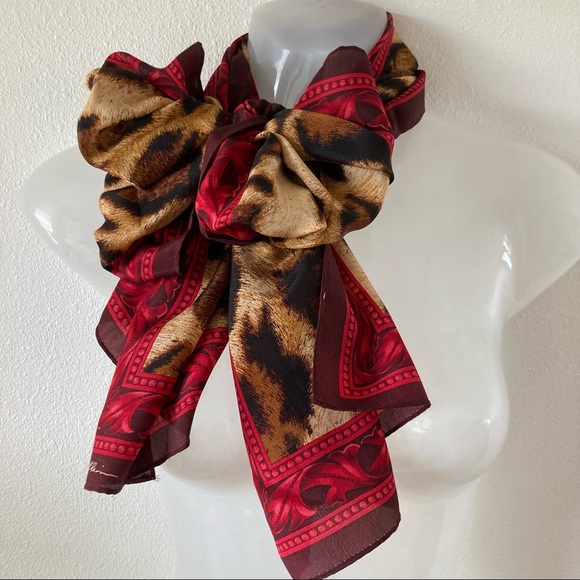 Vintage Ann Klein Silk Scarf Animal Leopard Print Red Burgundy - Picture 1 of 6